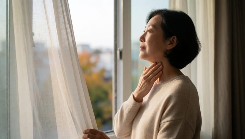 환절기 아침 창가에서 목을 만지며 불편함을 느끼는 여성