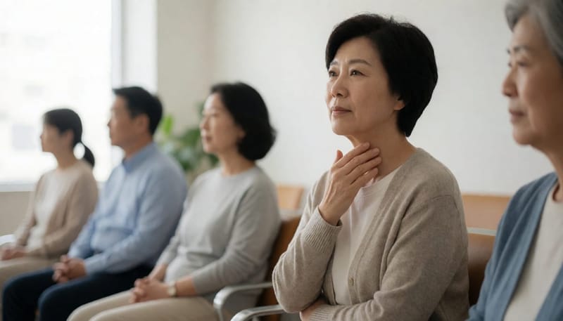 병원 대기실에서 목 상태를 걱정하며 앉아 있는 중년 여성