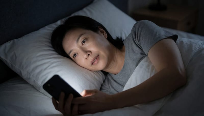 밤늦게 잠들지 못하고 뒤척이는 여성의 모습