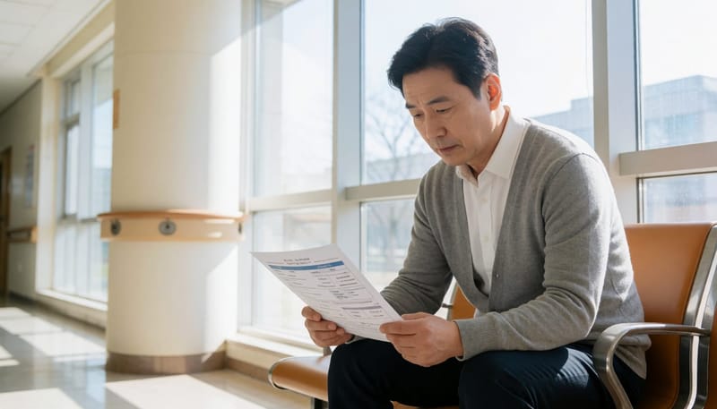 건강검진 결과지를 들고 걱정스러운 표정으로 앉아 있는 남성