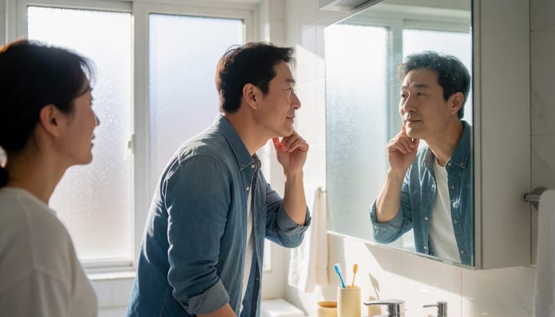 거울을 보며 부어오른 입술과 눈꺼풀을 손으로 만지는 남성의 모습