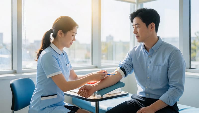 진료실에서 채혈을 진행하는 임상병리사와 환자의 모습