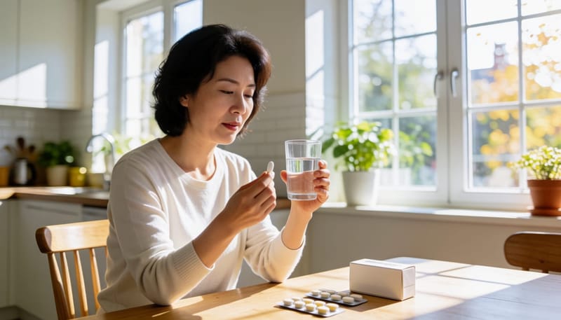 부엌 식탁에서 물과 함께 약을 먹으려는 여성의 모습