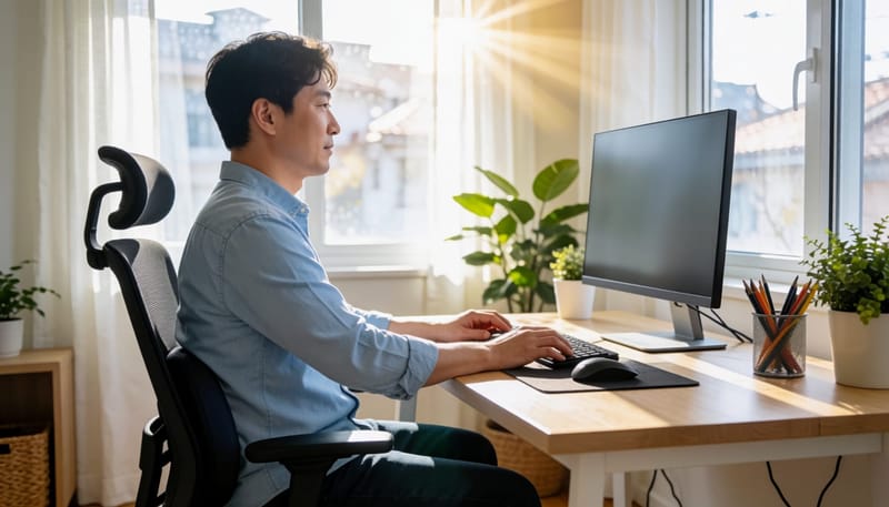 바른 자세로 앉아 있는 남성의 홈 오피스 모습
