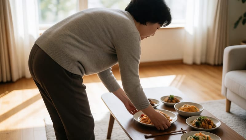 허리를 굽힌 채 반복적으로 음식을 나르는 잘못된 자세