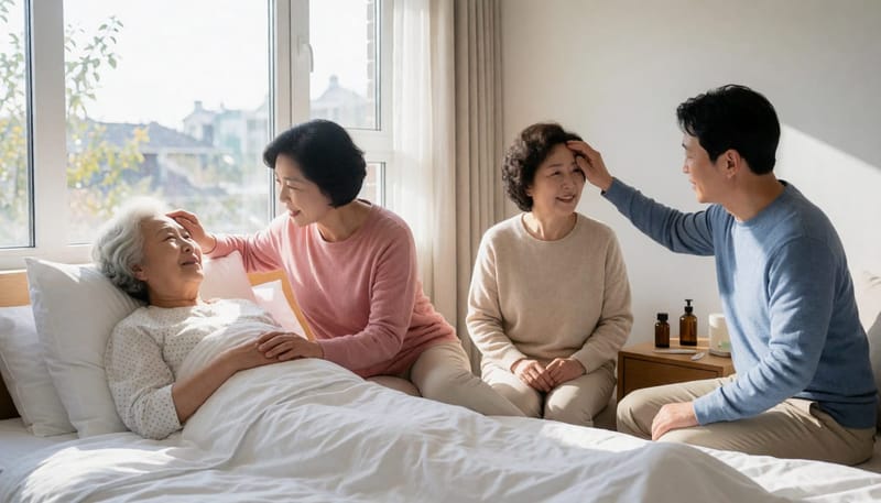 집에서 체온을 확인하며 상태를 살피는 가족과 어르신