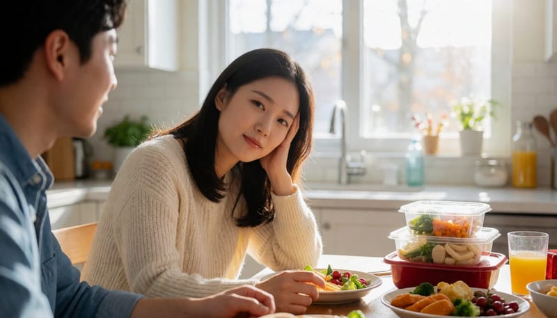 명절 이후 피로감을 느끼며 식탁에 앉아 있는 여성