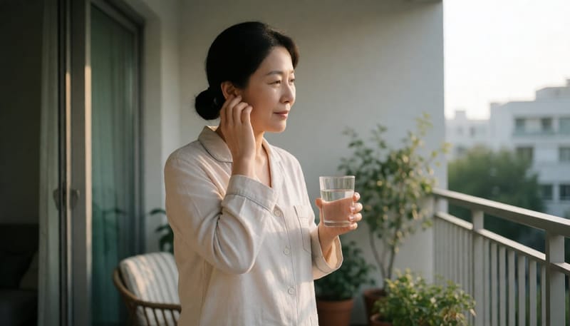 아침에 발코니에서 귀 주변을 마사지하며 물을 마시는 여성