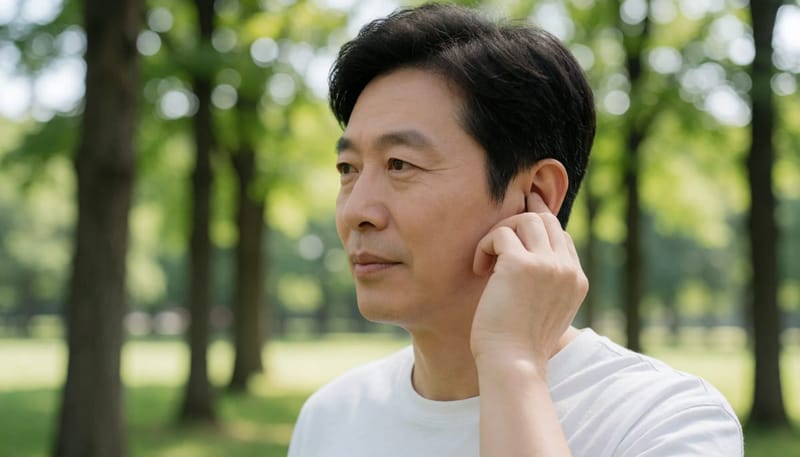 매미 소리가 들리는 공원에서 귀를 감싸며 인상 쓰는 남성