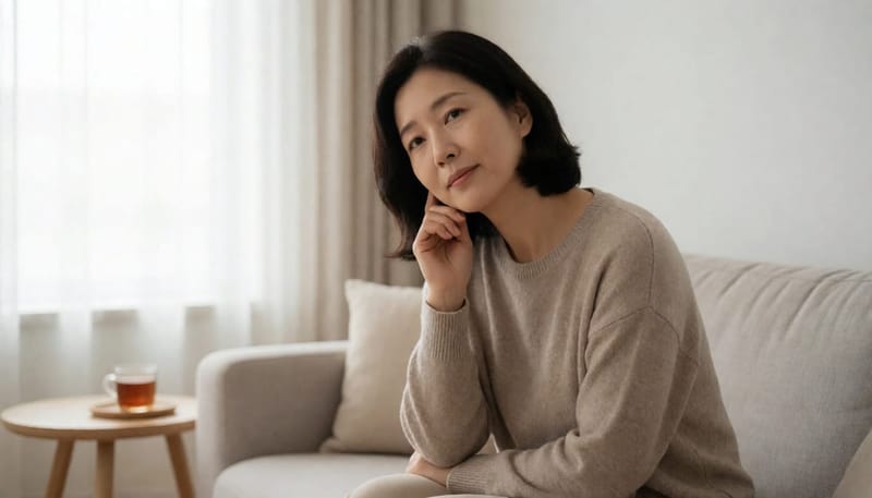집 소파에서 고개를 갸웃하며 귀 상태를 살피는 여성