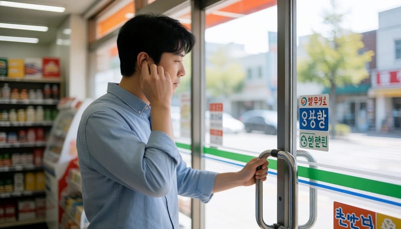 실내외 온도차가 느껴지는 편의점 입구에서 귀를 만지는 남성