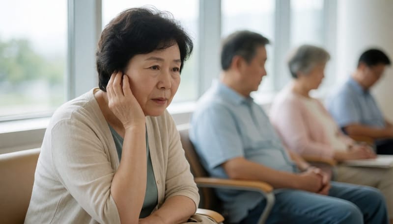 병원 대기실에서 걱정스러운 표정으로 귀를 만지는 여성