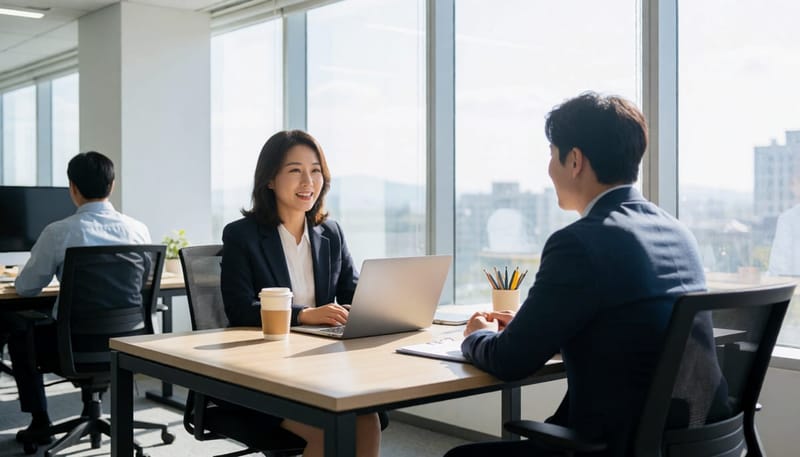 직장에서 대화 중 자연스럽게 웃는 직장인의 모습