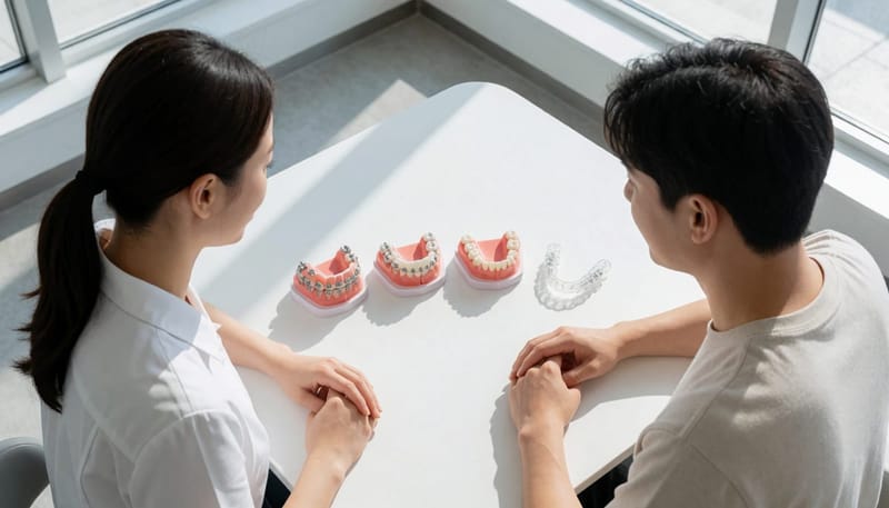 네 가지 교정 장치 모형을 나란히 배치한 사진
