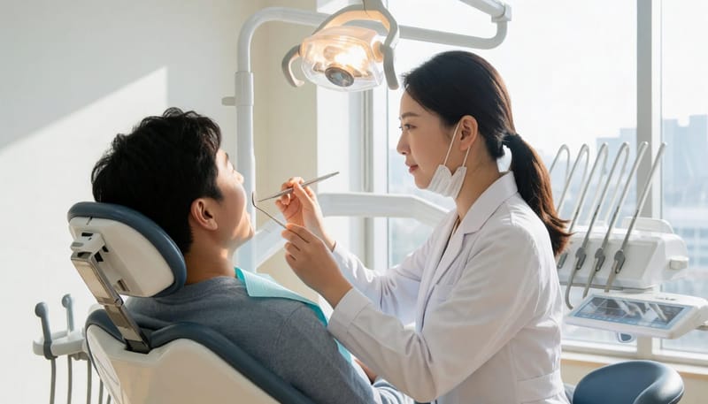 치과에서 잇몸 상태를 진료하는 치과의사와 환자