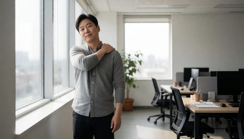업무 중 휴식하며 목을 스트레칭하는 남성