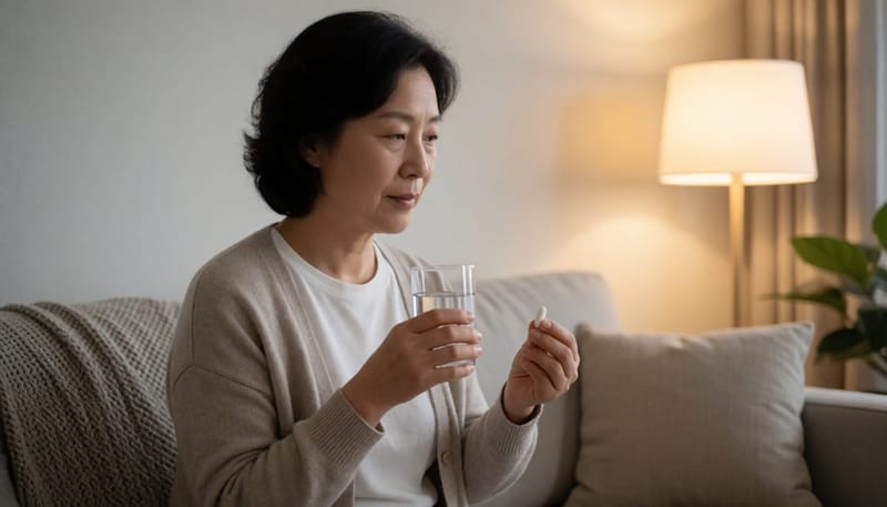 집에서 물과 함께 약을 챙겨 먹으려는 여성