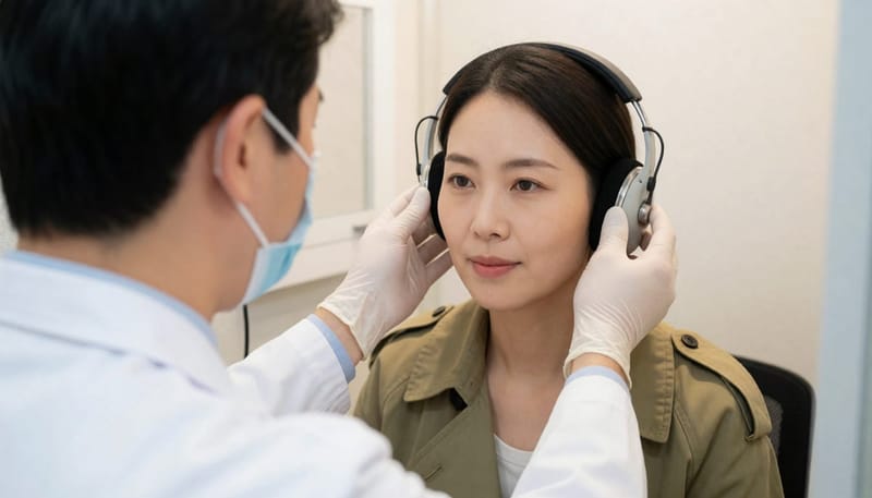 순음청력검사는 여러 주파수에서 처음 들리는 소리의 크기를 데시벨 단위로 측정하는 검사입니다.