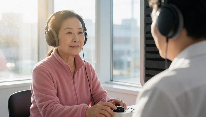 방음부스에서 순음청력검사를 받는 모습