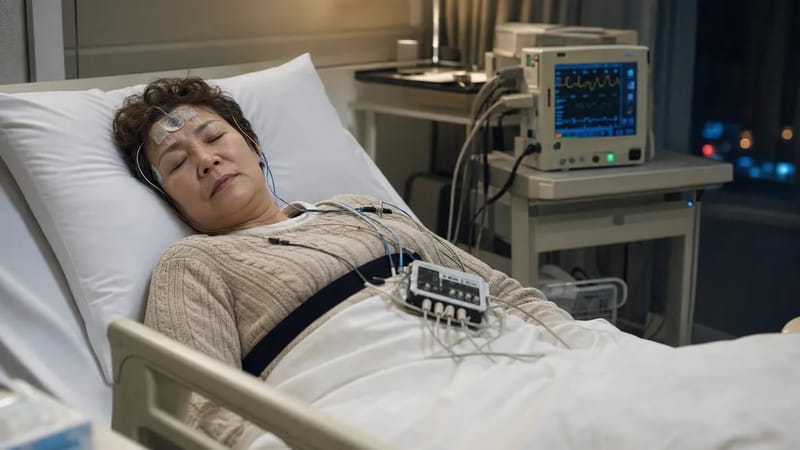 수면다원검사는 하룻밤 동안 뇌파와 호흡, 다리 움직임을 함께 기록하는 방식으로 진행됩니다.