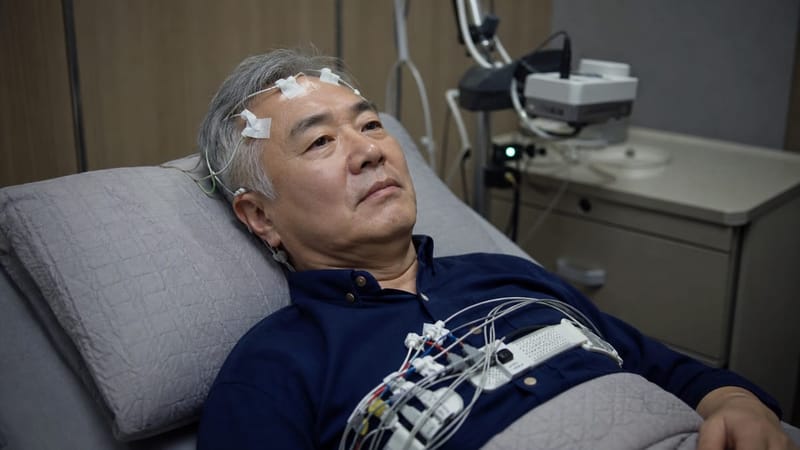 수면다원검사는 뇌파와 호흡, 산소포화도 등을 측정하는 센서를 부착한 채 하룻밤을 보내며 진행됩니다.