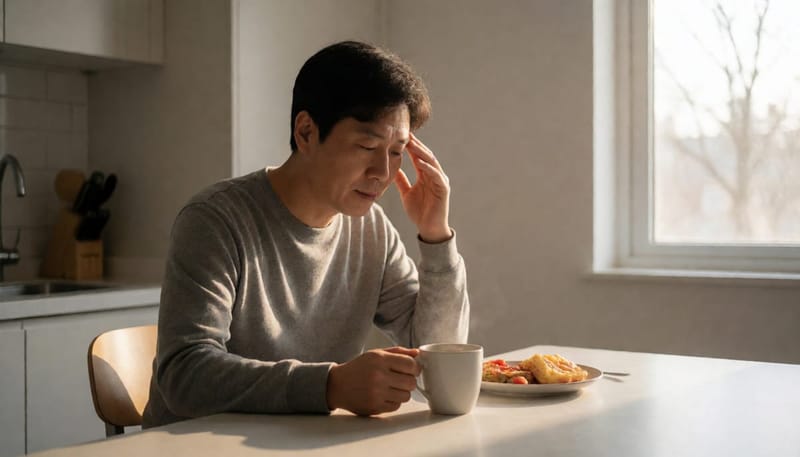 밤새 잠을 설친 남성이 아침 식탁에서 피곤한 표정으로 이마를 짚고 있다