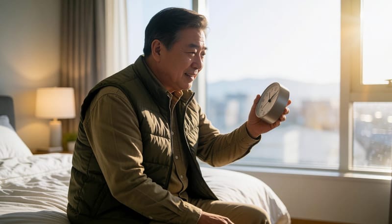 새벽까지 잠들지 못하고 시계를 확인하는 모습은 불면증의 흔한 장면입니다.