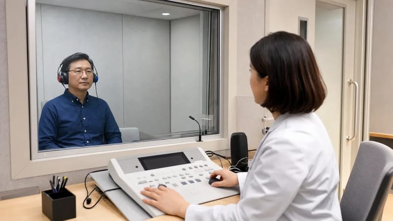 방음부스에서 순음청력검사를 받는 모습입니다. 주파수별로 들을 수 있는 최소 소리 크기를 측정해 청력손실의 정도와 유형을 확인합니다.