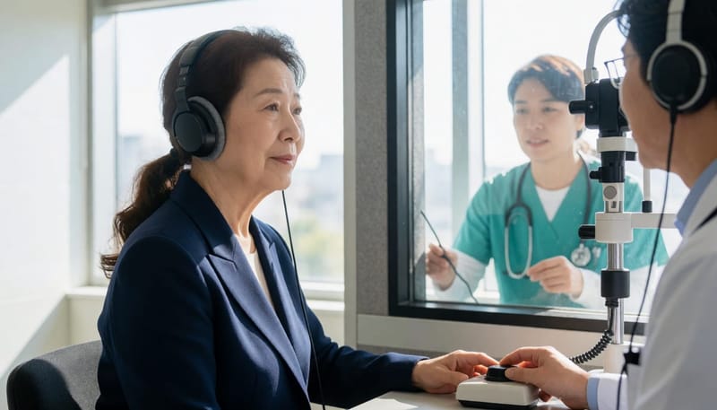방음부스에서 진행되는 순음청력검사 장면