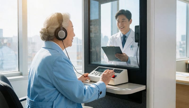 방음 부스에서 진행되는 순음청력검사는 주파수별 소리에 대한 반응을 수치로 기록합니다.