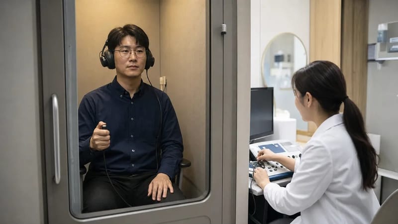 순음청력검사는 방음 부스 안에서 헤드폰 착용 후 주파수별 소리 자극에 반응하는 방식으로 진행됩니다