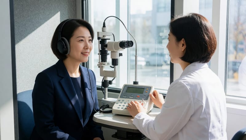 방음부스에서 진행되는 순음청력검사 장면