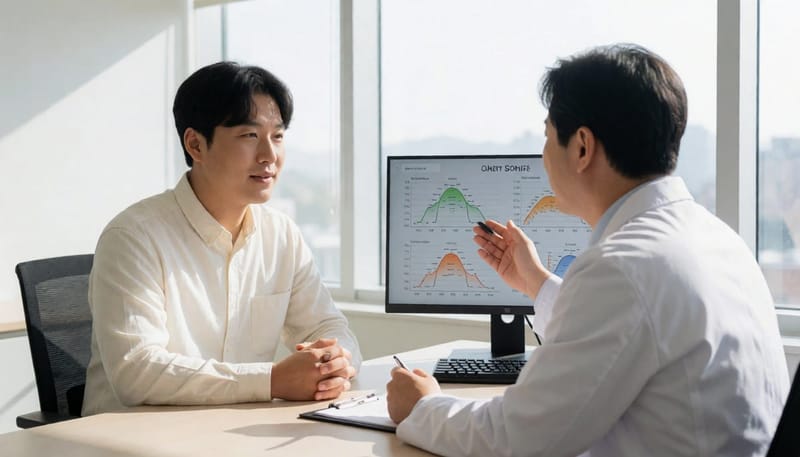 검사 결과지를 두고 청력도를 함께 확인하는 상담 장면