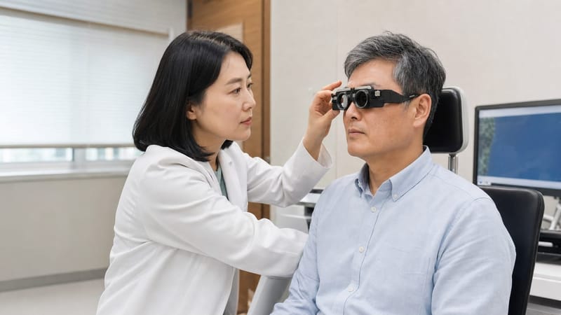 어지럼증 진료 시 의료진은 눈동자의 움직임을 살펴 원인을 구분합니다.