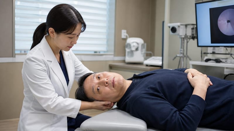 이석증 진단에 활용되는 자세변환검사(딕스-홀파이크 검사) 장면