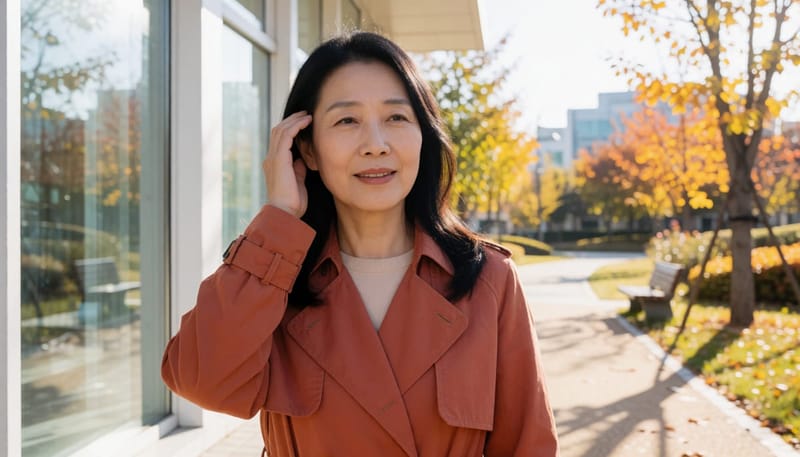 가을 산책 중 갑작스러운 어지럼증을 느끼는 모습