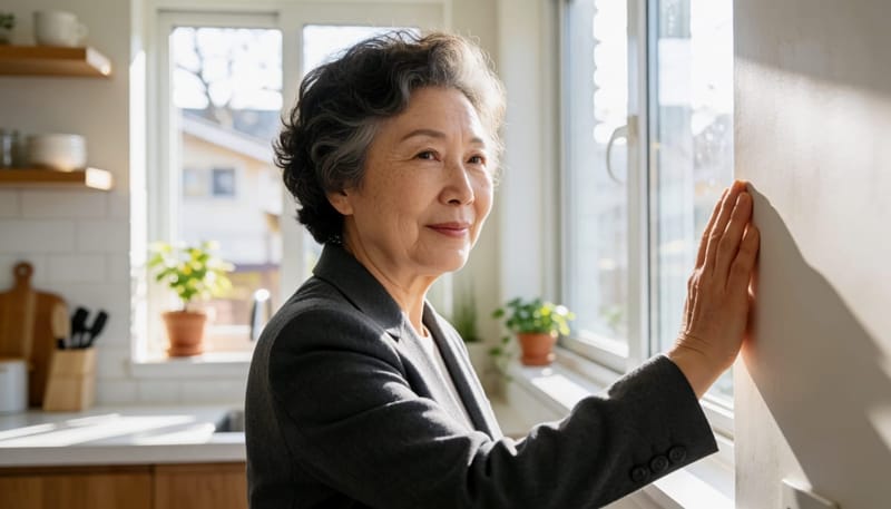 앉았다 일어서는 순간 어지럼을 느끼고 벽을 짚는 모습입니다.