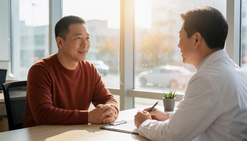 검사 결과와 함께 동반 증상을 확인하며 진료 방향을 상담하는 모습입니다.