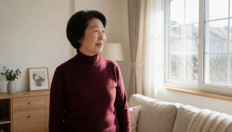 집에서 느린 고개 돌리기 동작으로 균형 감각을 훈련하는 모습