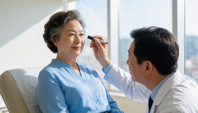 안진검사로 이석증 여부를 확인하는 진료 장면입니다.