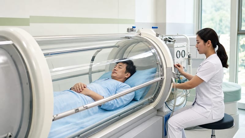 의료용 고압산소치료는 밀폐된 챔버에서 압력을 높여 산소를 공급하며 의료진이 상태를 계속 확인합니다.