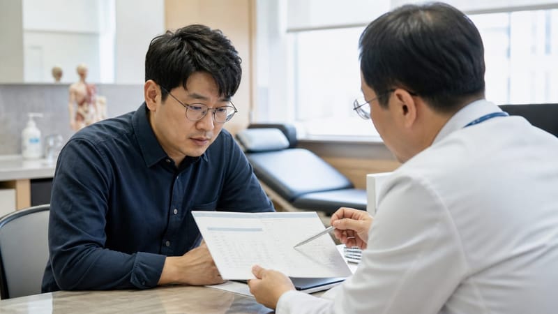 치료 전 주의사항과 적용 가능 여부를 확인하는 상담 장면