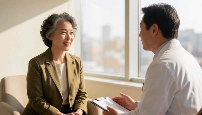 고압산소치료를 받기 전, 환자가 의료진과 궁금한 점을 하나씩 짚어가며 상담을 진행합니다