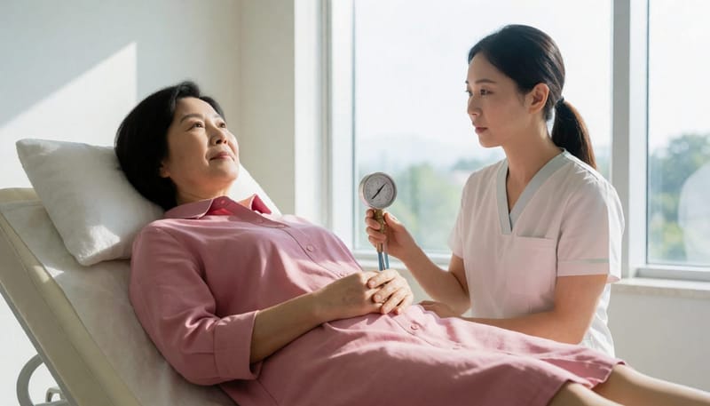 챔버 안에 누운 환자 곁에서 간호사가 압력 게이지를 살피며 치료 과정을 지켜봅니다