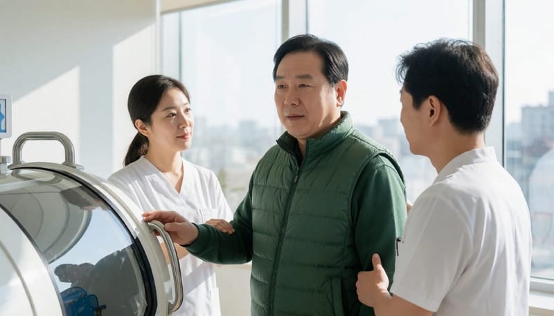 고압산소 챔버 치료를 준비하는 모습