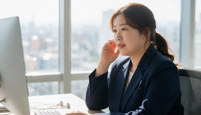 장시간 이어폰 사용 뒤 이명을 느끼는 20대 여성