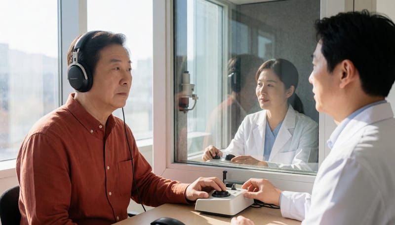 방음부스에서 순음청력검사를 받는 60대 남성
