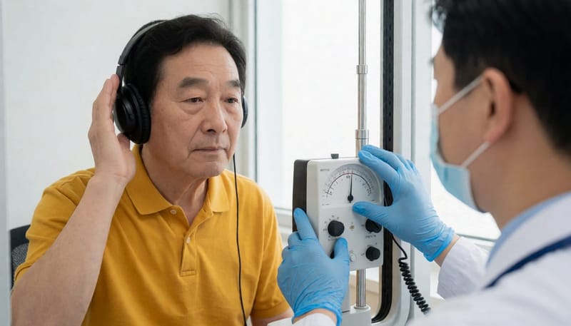 순음청력검사는 작은 소리가 들릴 때마다 손을 들어 반응하는 방식으로 진행됩니다.