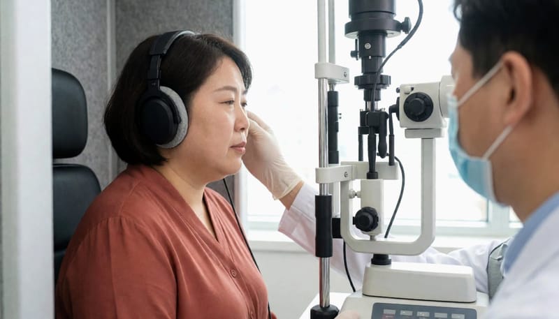 순수음청력검사와 이명도검사는 헤드폰을 착용한 채 소리 자극에 반응하는 방식으로 진행됩니다.