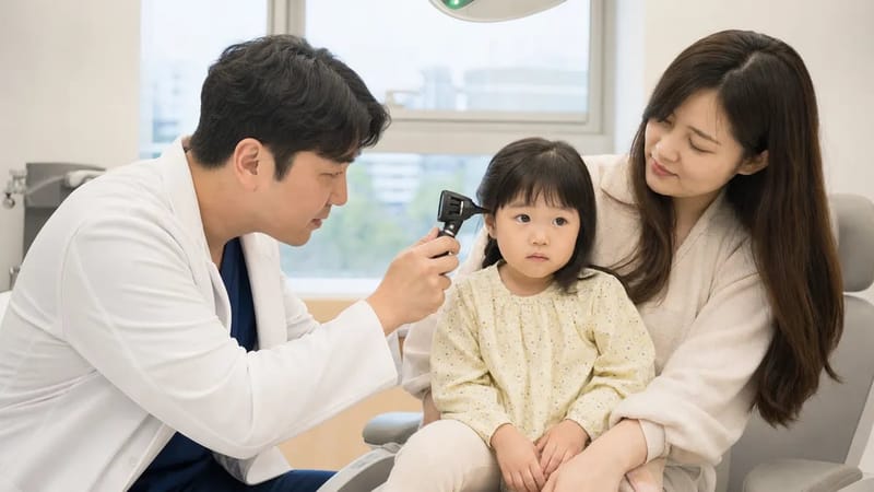 이경으로 고막 상태를 확인하는 소아 진료 장면입니다.